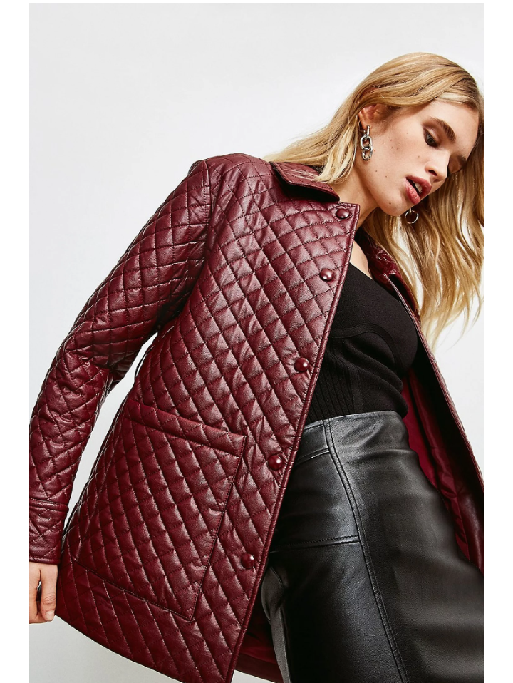 Women’s Wine Red Sheepskin Leather Trucker Coat