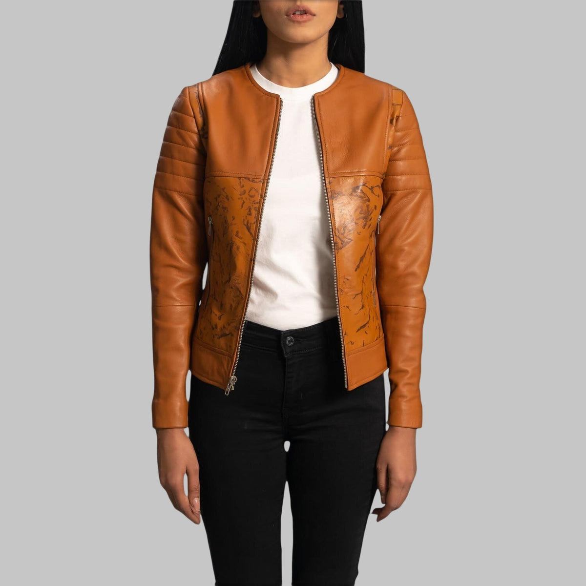 Women's Collarless Marble Print Tan Leather Jacket