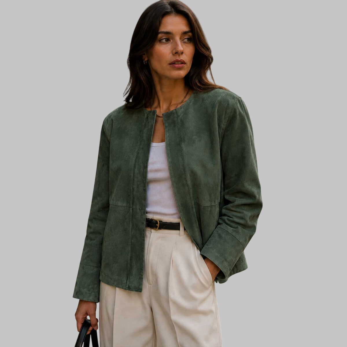 Women's Collarless Sage Green Suede Leather Jacket