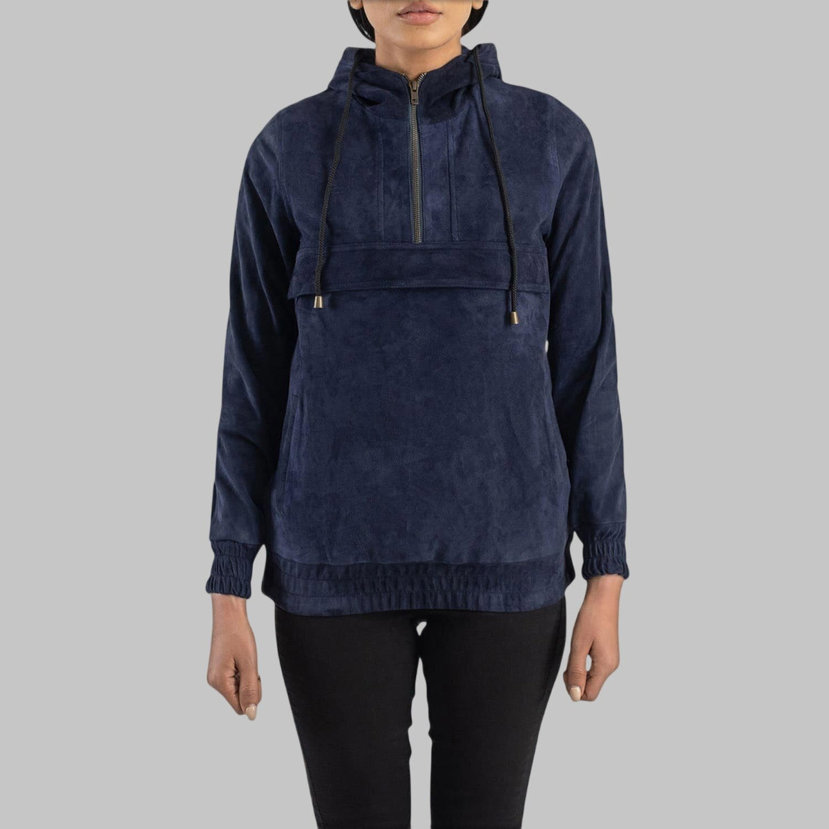 Women's Navy Blue Suede Leather Hooded Pullover Jacket