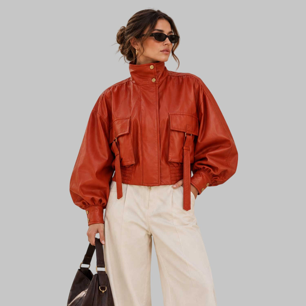Women's Oversized Rust Orange Leather Bomber Jacket