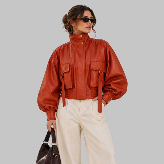 Women's Oversized Rust Orange Leather Bomber Jacket