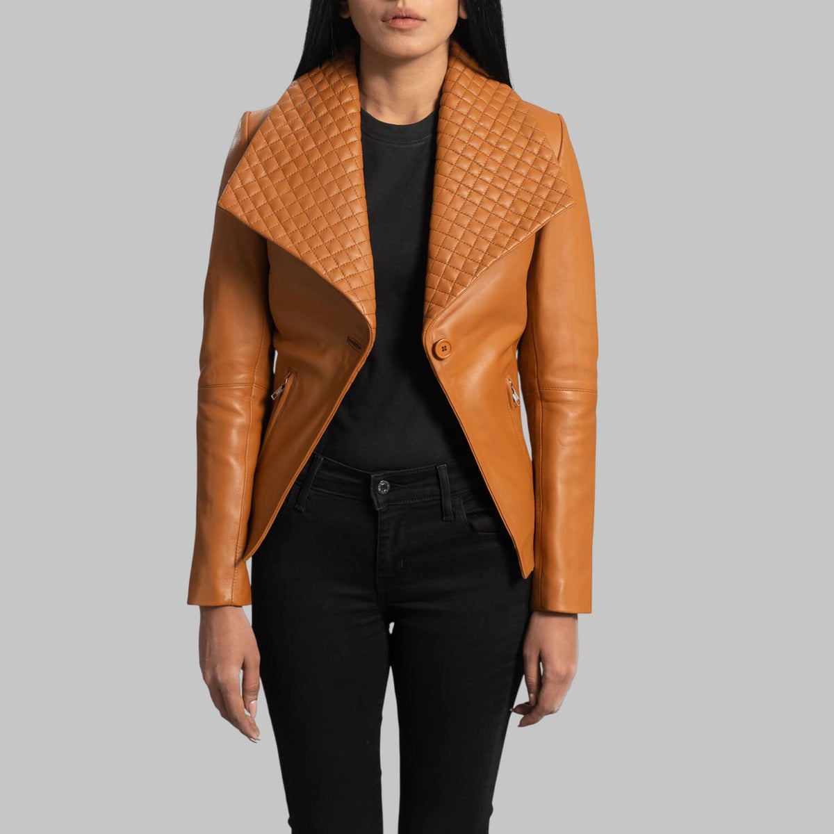 Women's Tan Leather Blazer with Quilted Wide Lapel