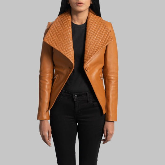 Women's Tan Leather Blazer with Quilted Wide Lapel