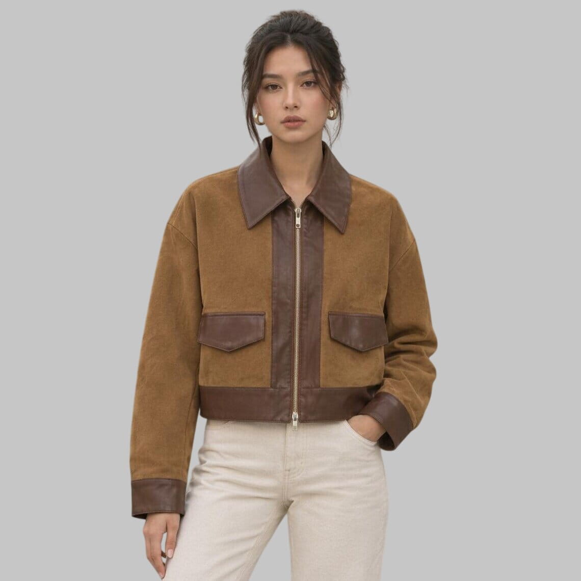 Women's Tan Suede Leather Jacket with Contrast Brown Leather Trim front view