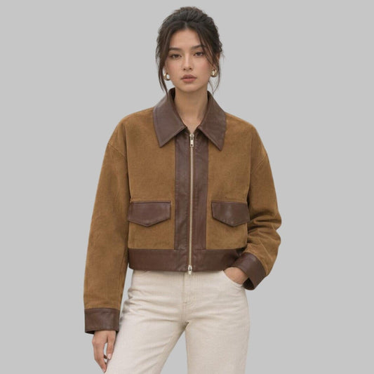 Women's Tan Suede Leather Jacket with Contrast Brown Leather Trim front view