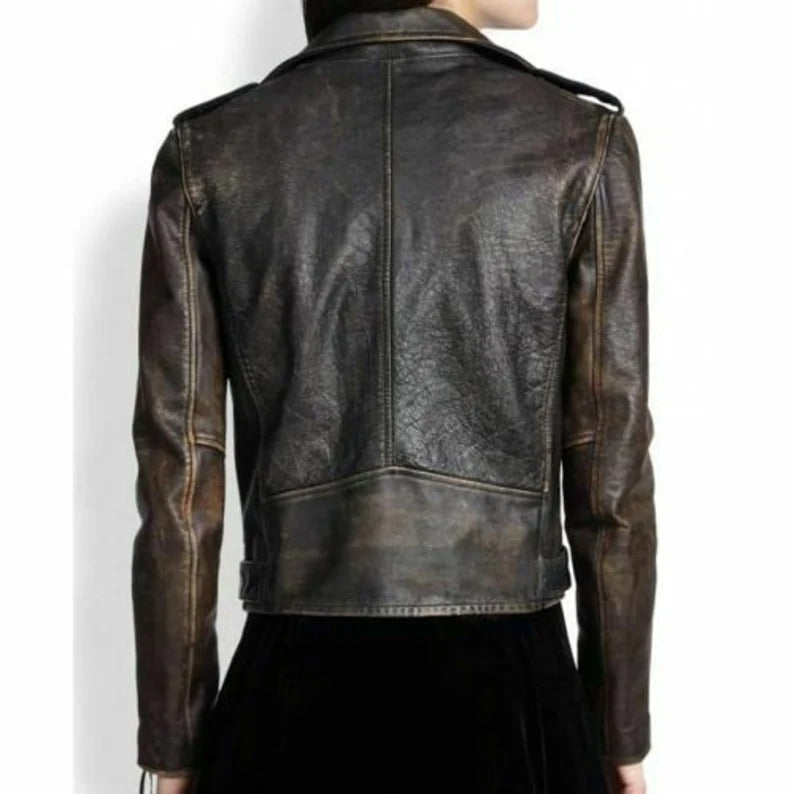 Women's Black Distressed Leather Biker Jacket