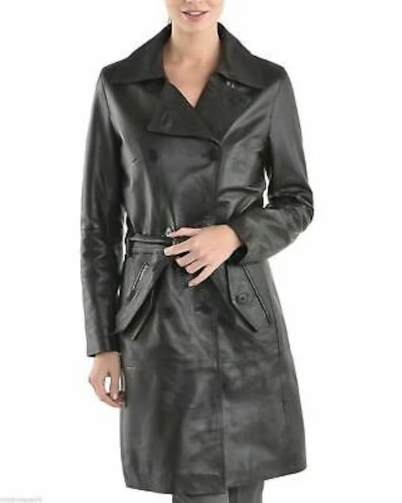 Women's Black Leather Double Breasted Trench Long Coat