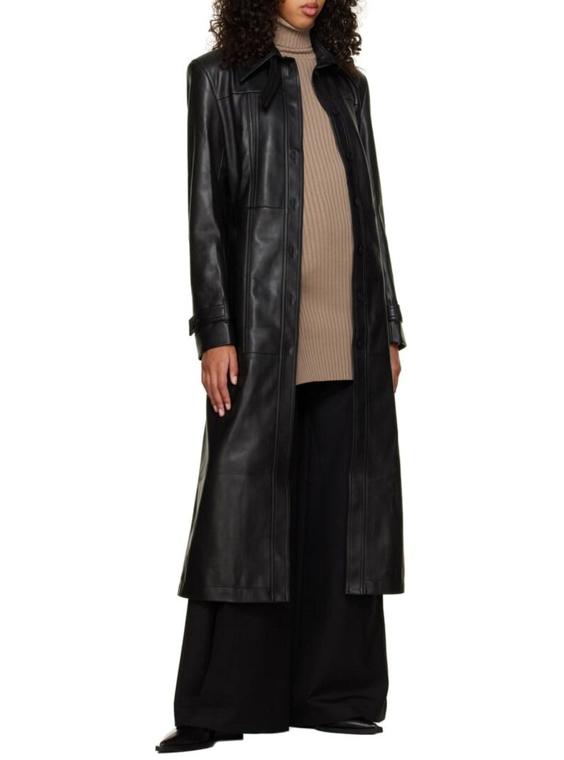 Women's Black Sheepskin Leather Trench Coat with Waist Belt
