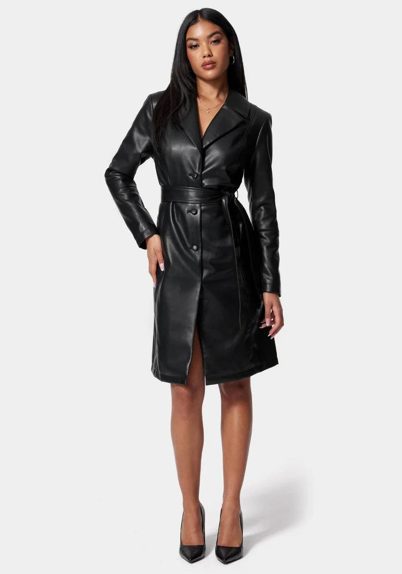 Women's Black Sheepskin Leather Trench Coat
