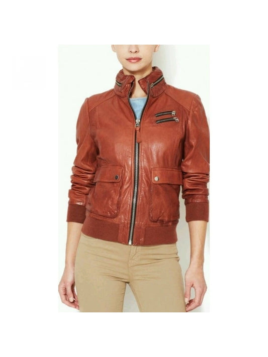 Women’s Tan Leather Moto Biker Hooded Bomber Jacket