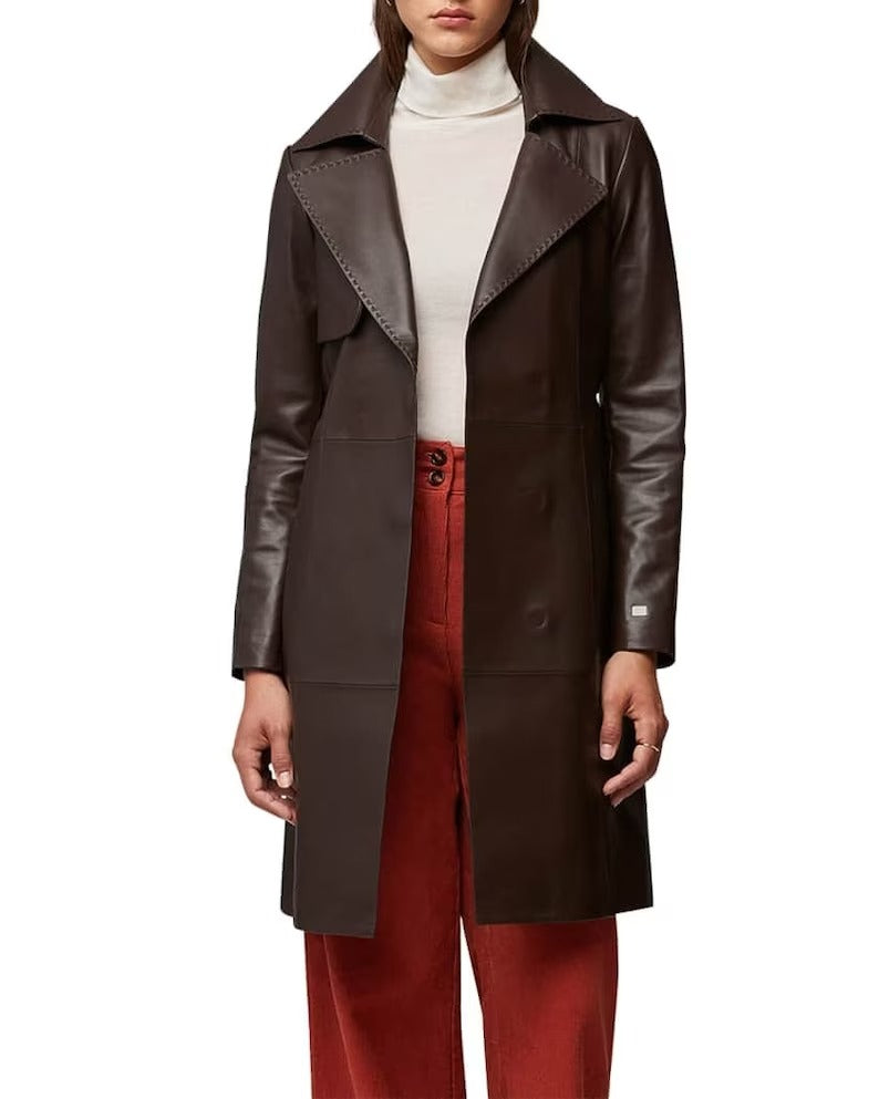 Women's Brown Sheepskin Leather Belted Trench Coat