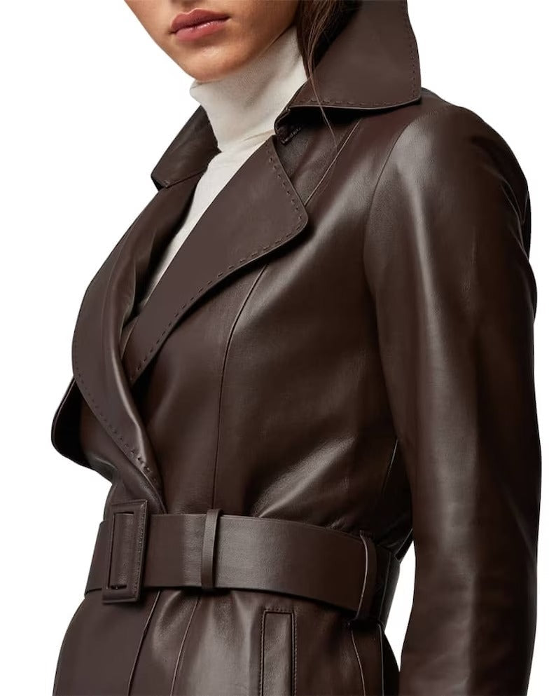 Women's Brown Sheepskin Leather Belted Trench Coat