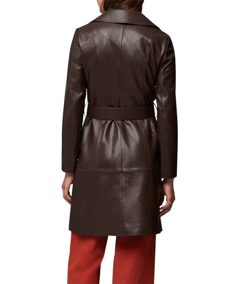 Women's Brown Sheepskin Leather Belted Trench Coat