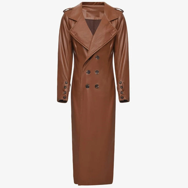 Women's Brown Sheepskin Long Leather Trench Coat