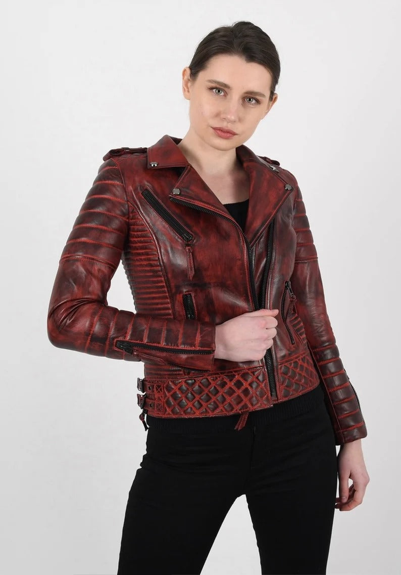 Women's Burnt Red Lambskin Leather Biker Jacket