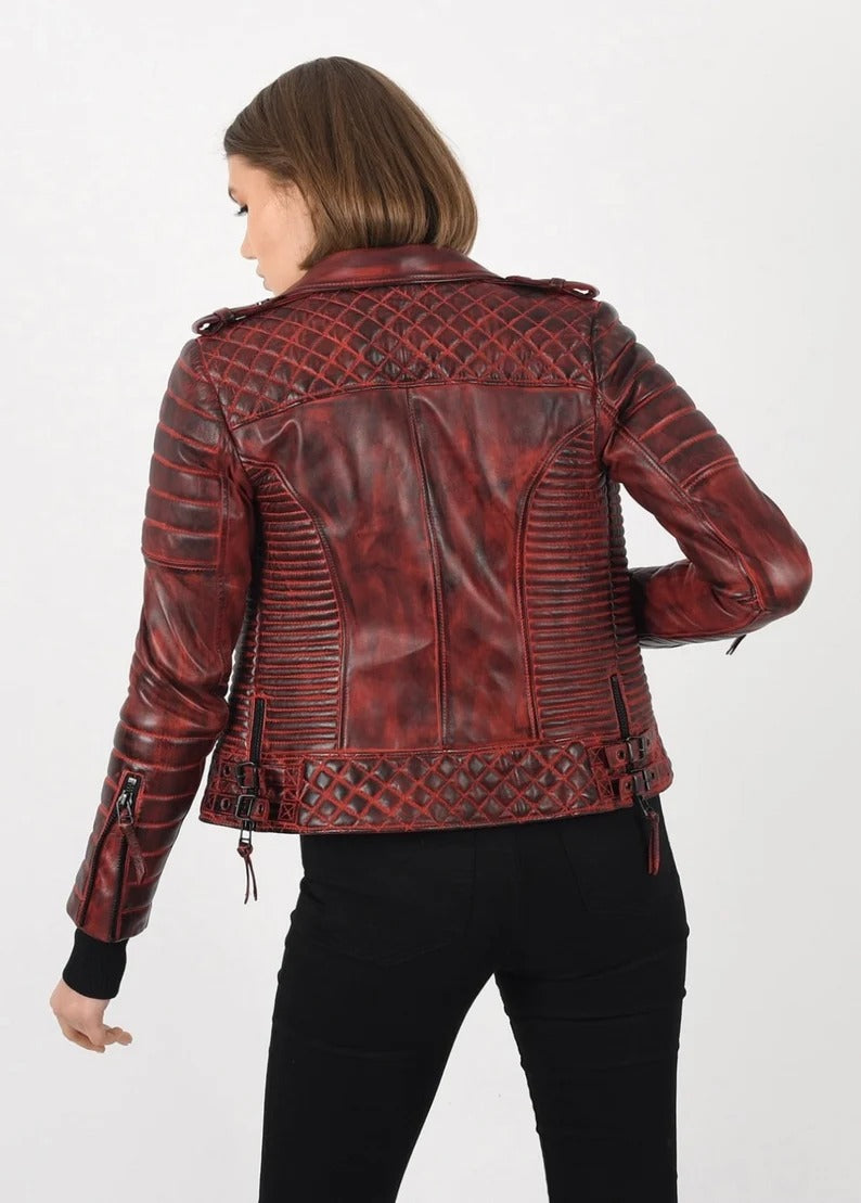 Women's Burnt Red Lambskin Leather Biker Jacket