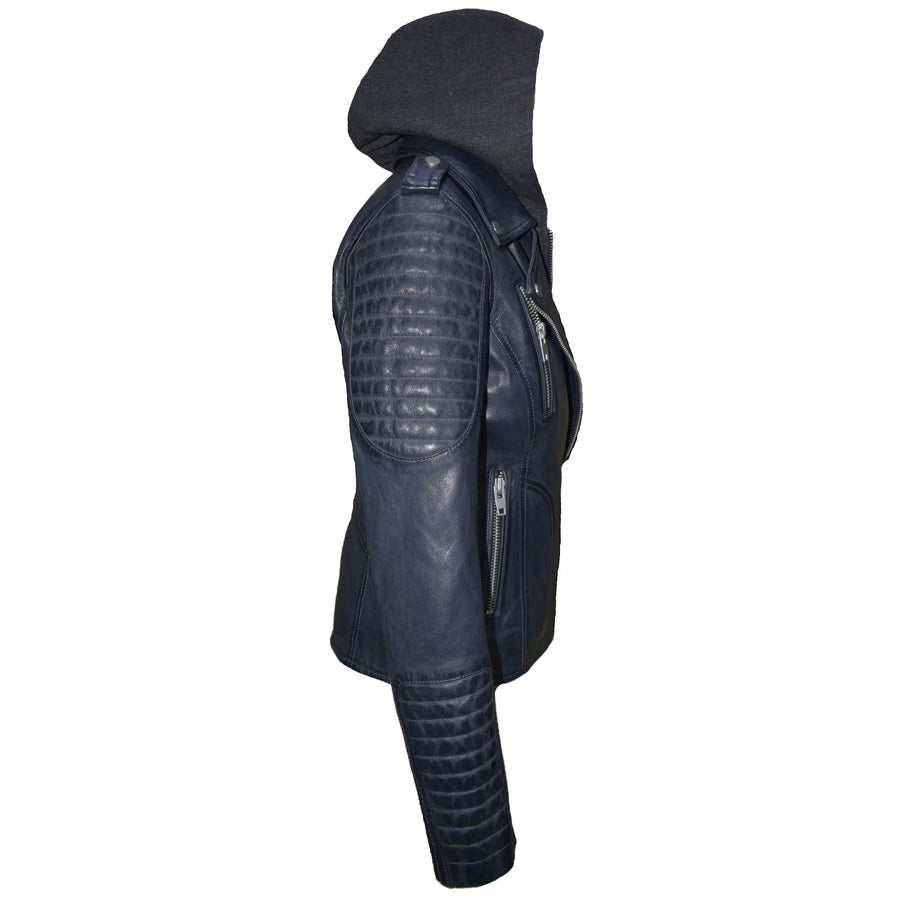 Women's Casual Biker Hooded Lambskin Leather Jacket