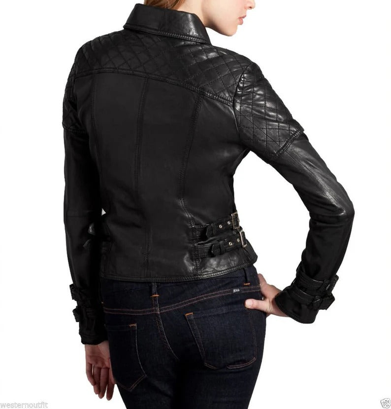 Women's Handmade Quilted Leather Moto Jacket