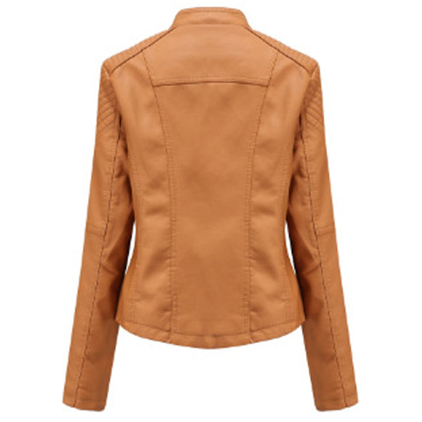 Women's Camel Oblique Zipper Leather Jacket