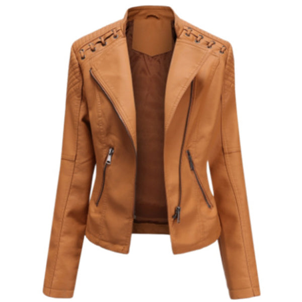 Women's Camel Oblique Zipper Leather Jacket