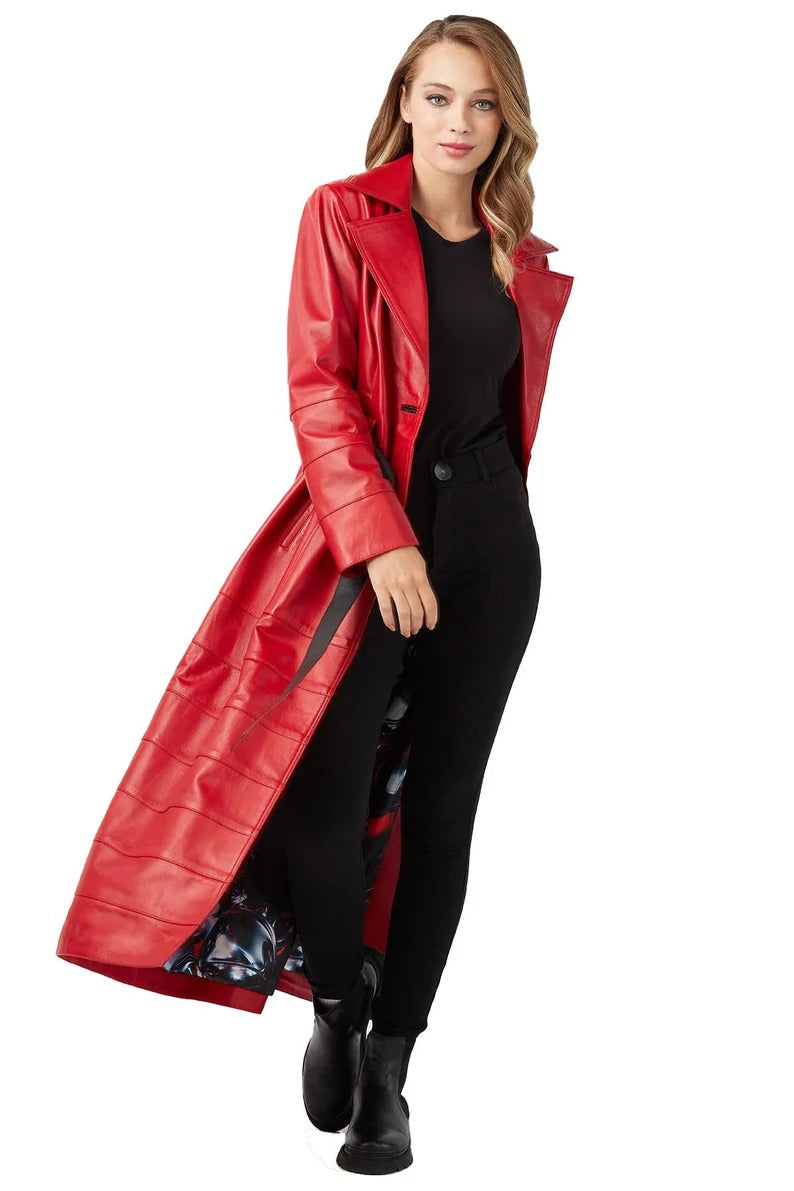 Women's Red Leather Double Breasted Trench Coat