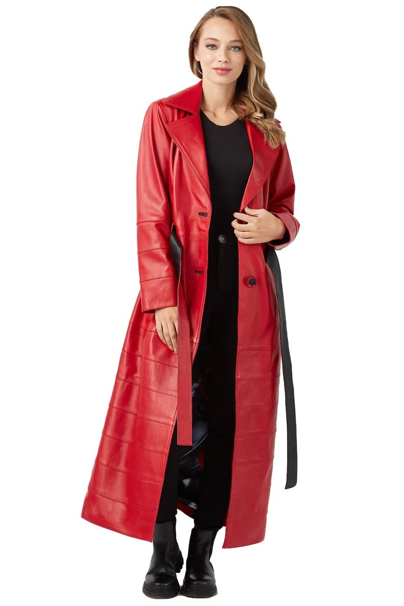 Women's Red Leather Double Breasted Trench Coat