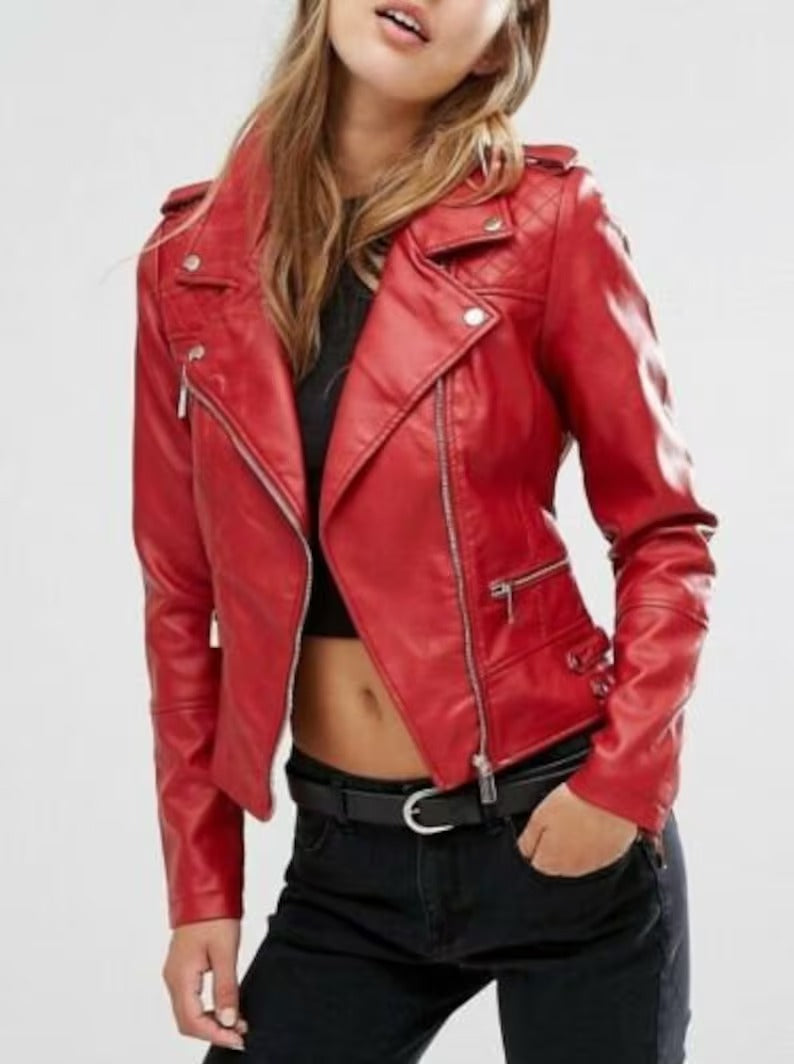 Women's Red Slim Fit Motorcycle Leather Jacket