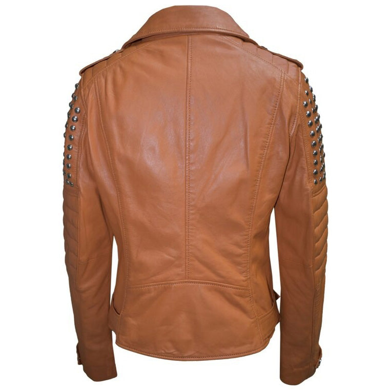 Women's Tan Brown Studded Leather Biker Jacket