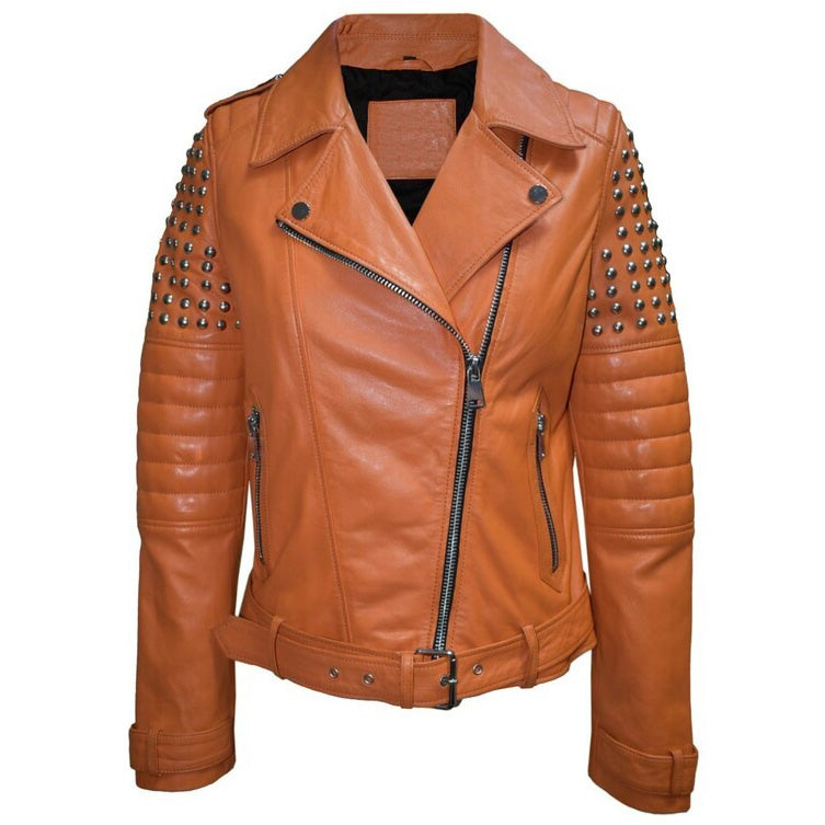 Women's Tan Brown Studded Leather Biker Jacket