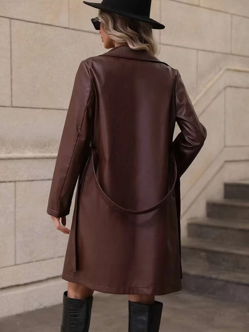 Women's Vintage Brown Leather Trench Coat