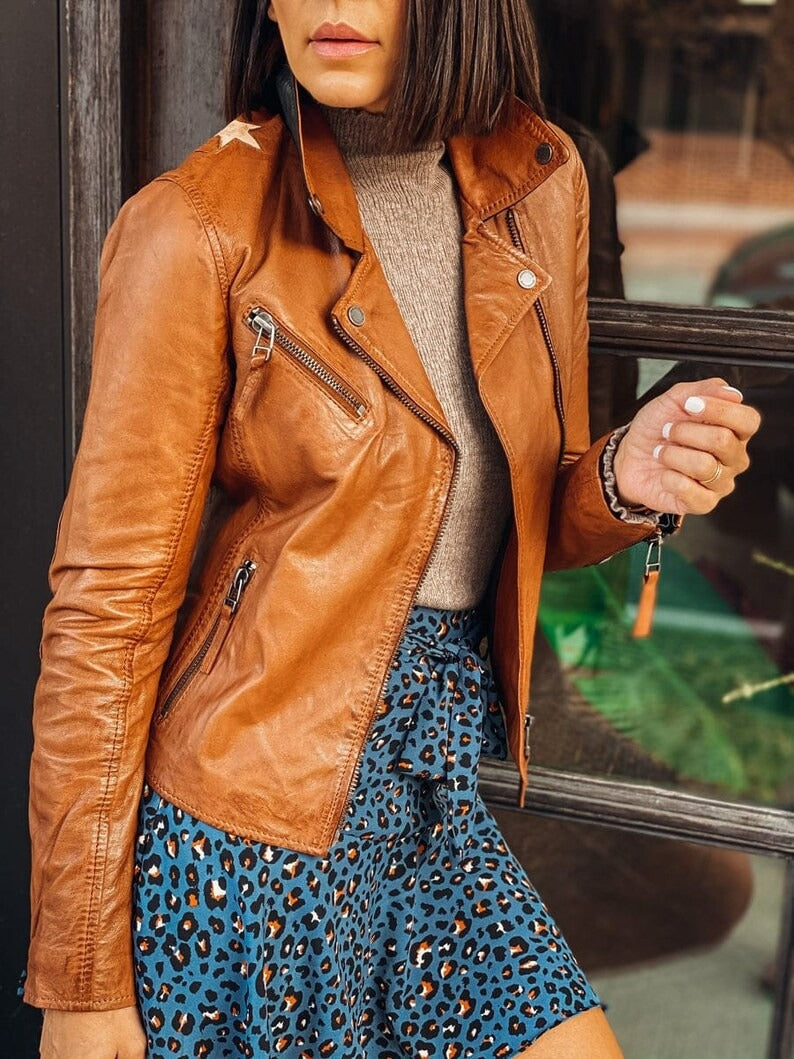 Women's Vintage Brown Zip Up Biker Style Jacket