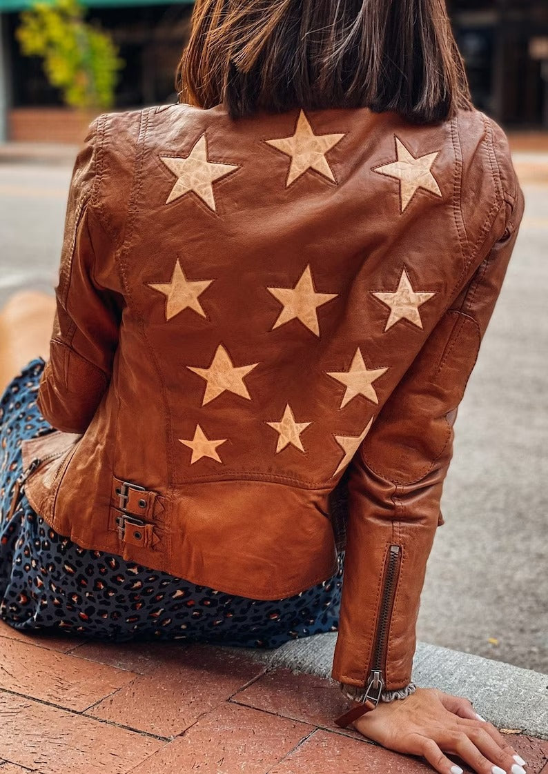 Women's Vintage Brown Zip Up Biker Style Jacket