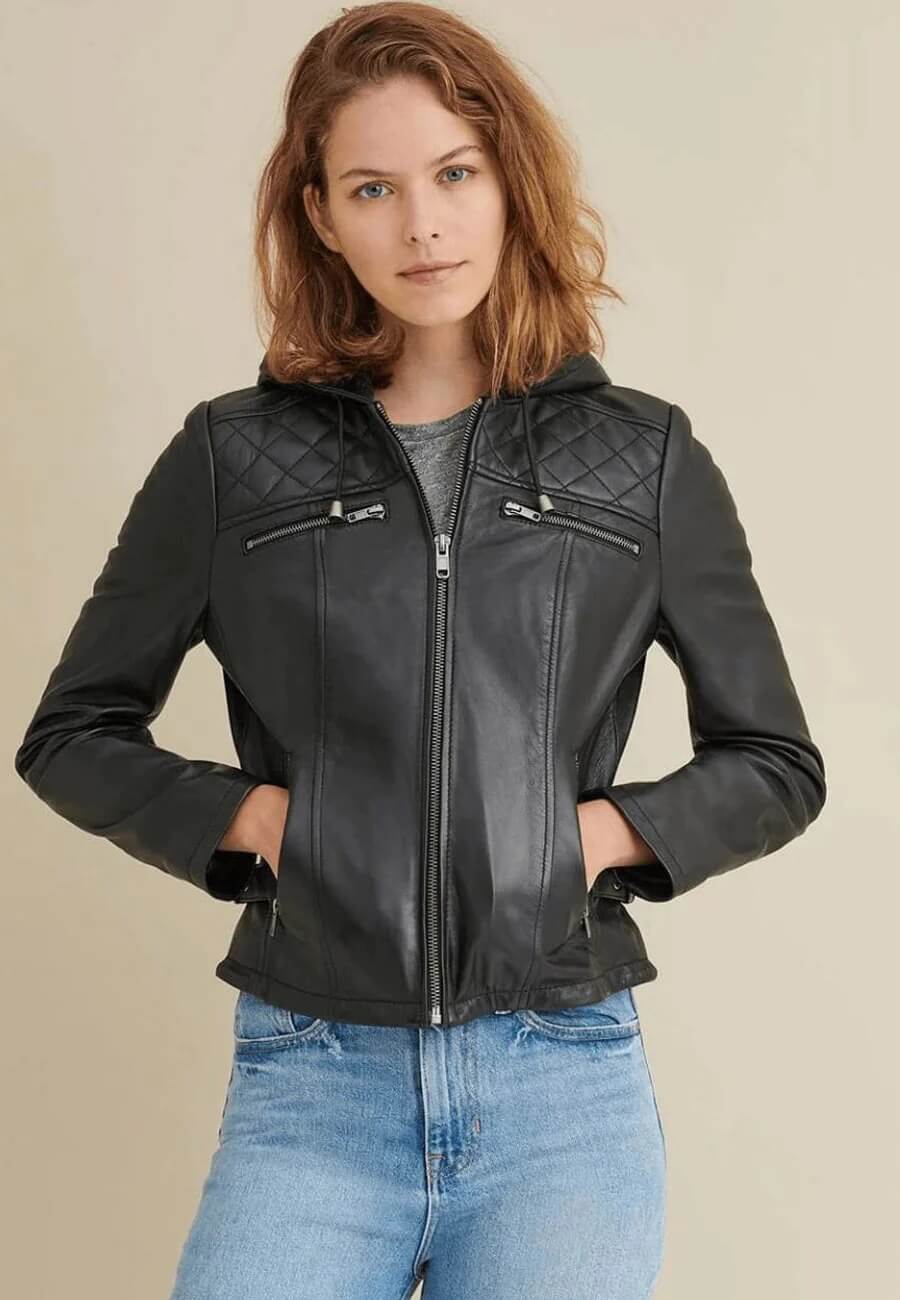 Women's Black Leather Hooded Biker Jacket
