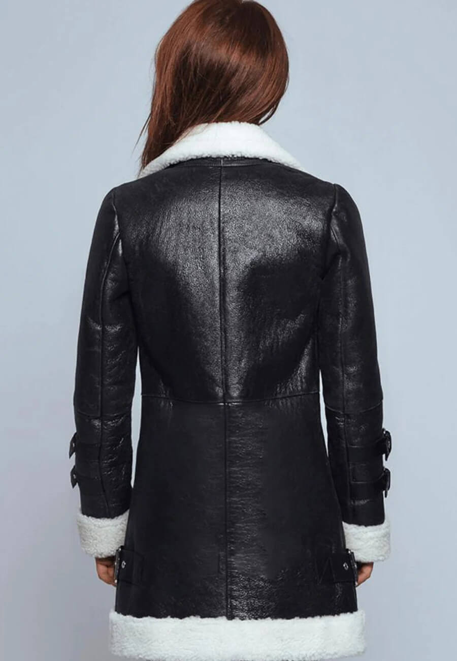 Women's Black Leather White Shearling Long Coat