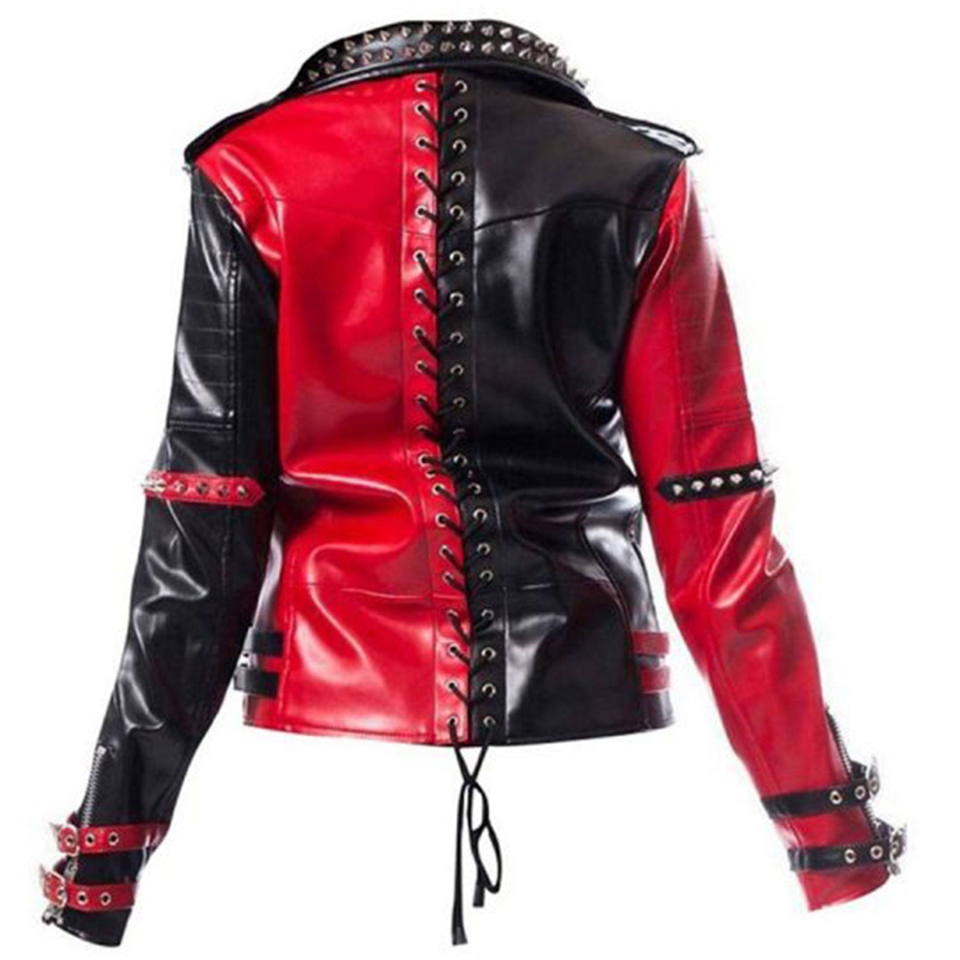 Harley Quinn Heartless Asylum Studded Biker Red and Black Costume Real Leather Jacket