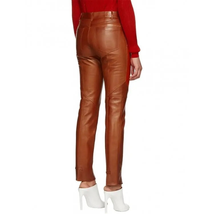 Ladies Slim Fit Panelled Lambskin Orange Leather Pants