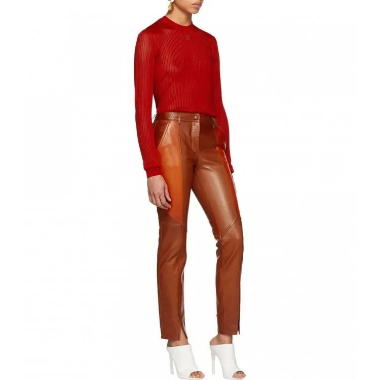 Ladies Slim Fit Panelled Lambskin Orange Leather Pants