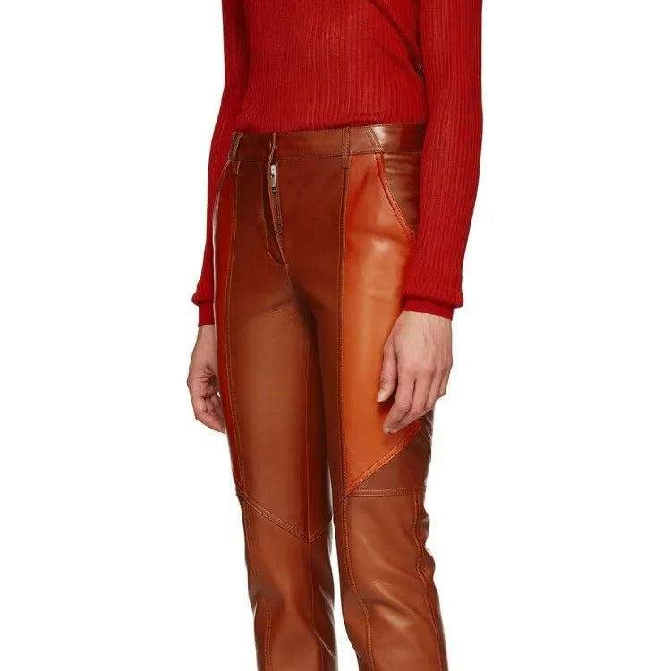 Ladies Slim Fit Panelled Lambskin Orange Leather Pants