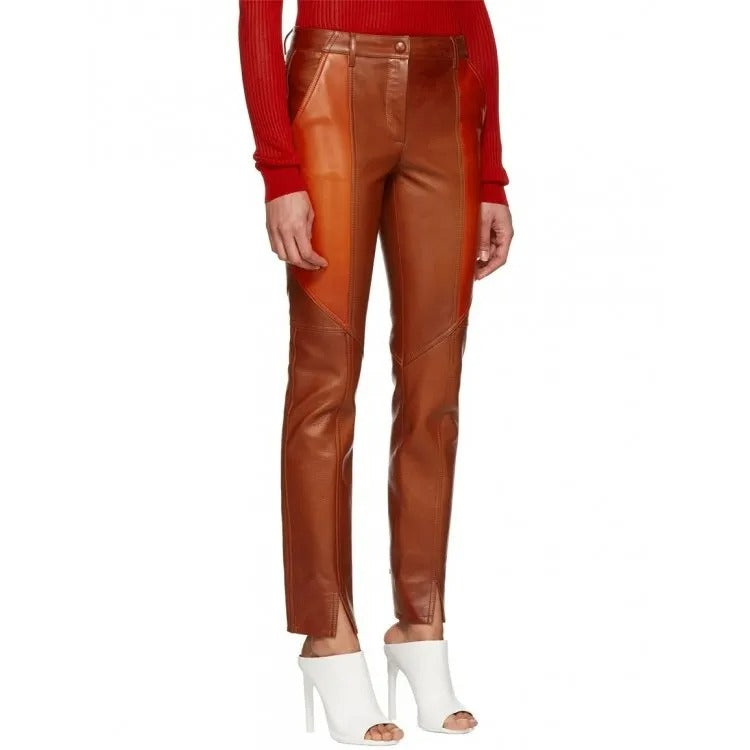 Ladies Slim Fit Panelled Lambskin Orange Leather Pants