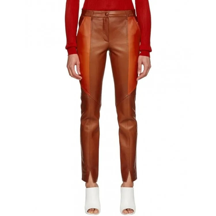 Ladies Slim Fit Panelled Lambskin Orange Leather Pants