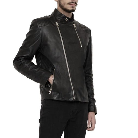 Leather Exotica Jet Black Minimal Men Biker Leather Jacket - Timeless Elegance