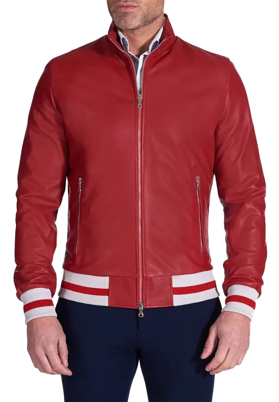 Men’s Authentic Red Leather Bomber Jacket – Bold & Timeless