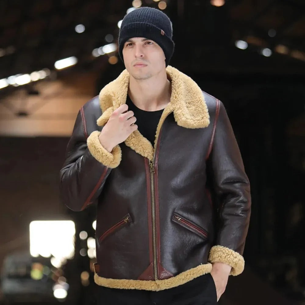 Men's B3 Shearling Leather Bomber Sheepskin Jacket Coat in Brown