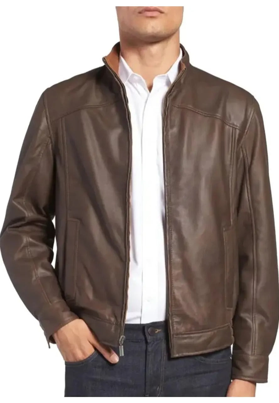 Men’s Brown Leather Bomber Jacket with Band Collar – Classic & Stylish