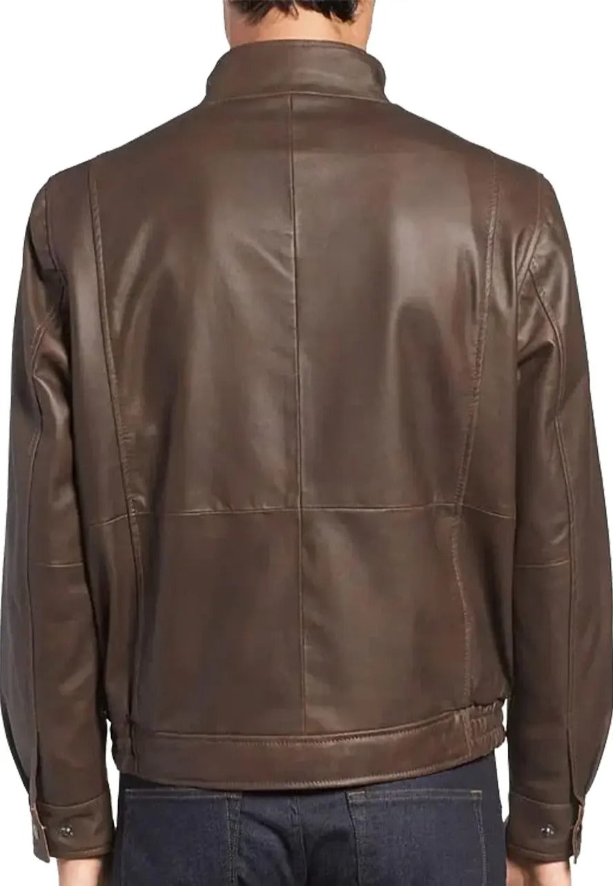 Men’s Brown Leather Bomber Jacket with Band Collar – Classic & Stylish