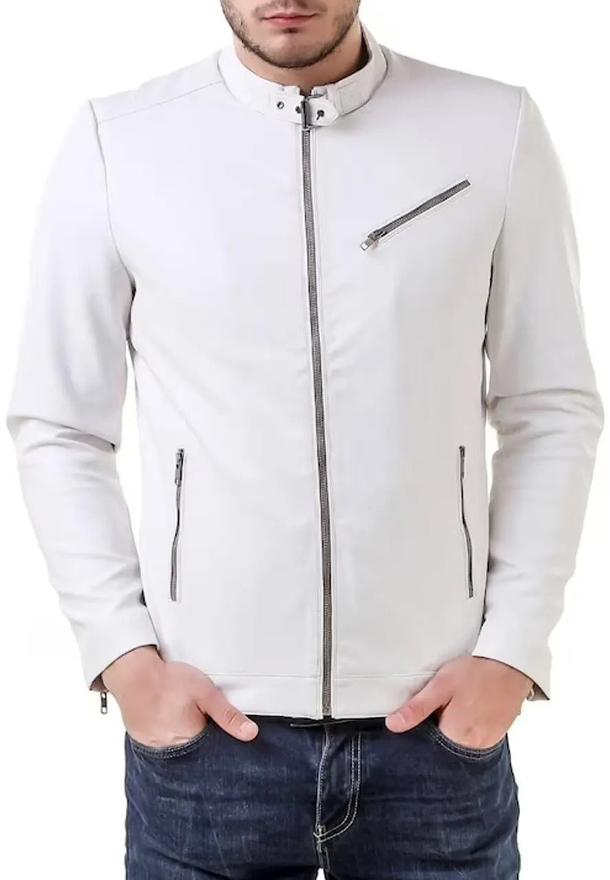 Men’s Band Collar White Leather Biker Jacket