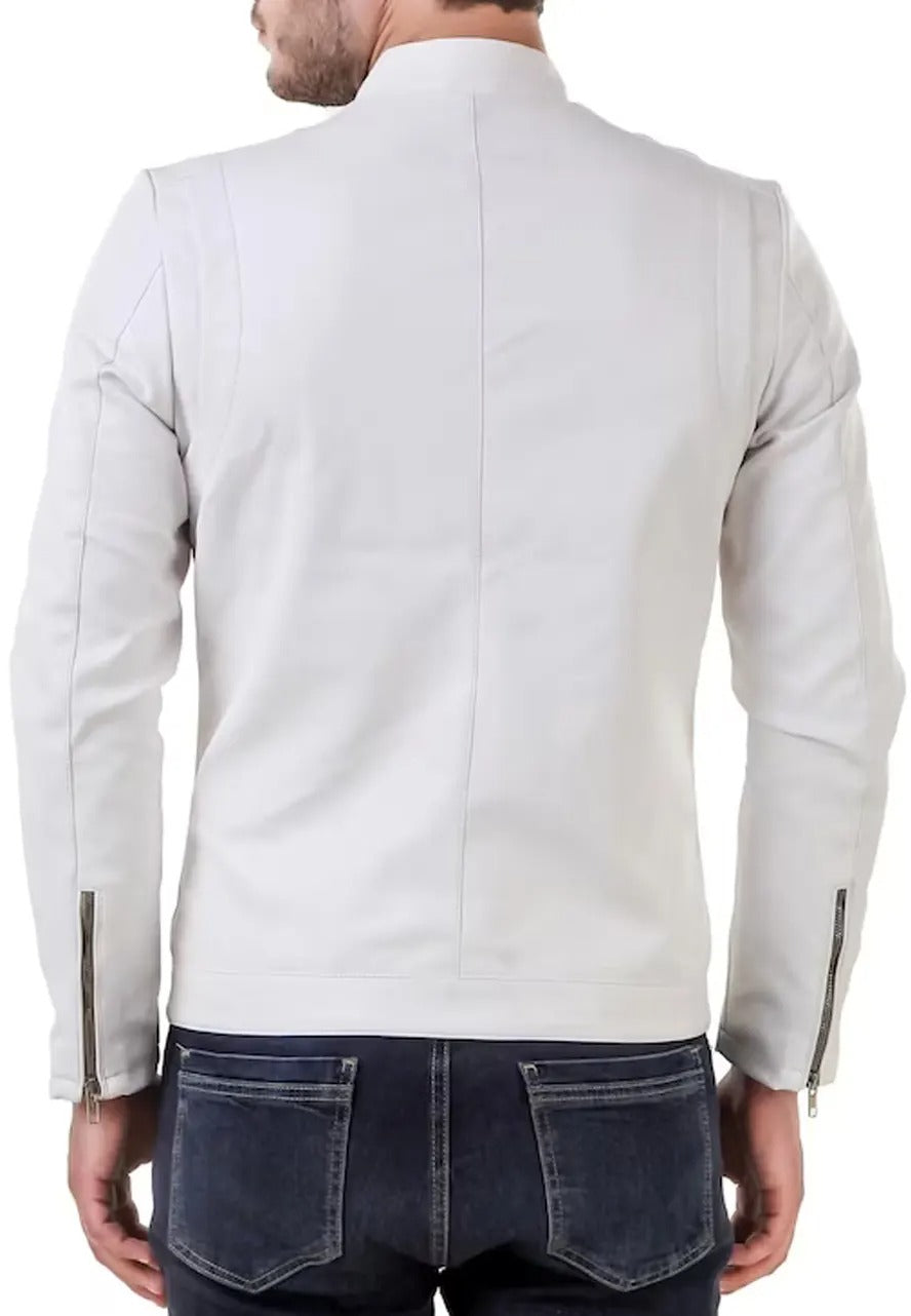 Men’s Band Collar White Leather Biker Jacket