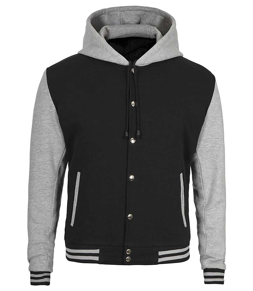 Men's Black and Grey Hooded Baseball Varsity Jacket