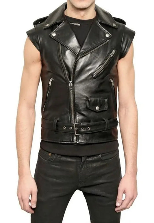 Men’s Basic Black Leather Biker Vest